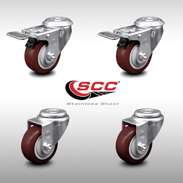 Service Caster 3.5 Inch SS Maroon Polyurethane Bolt Hole Caster Set with 2 Total Lock Brake SCC SCC-SSBHTTL20S3514-PPUB-MRN-2-S-2 - main